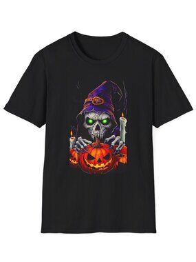 Glowing Skull Witch with Jack-o'-Lantern T-Shirt | Halloween Skull Tee